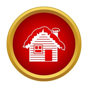 Winter cabin home icon in red gold circle Stock Illustration