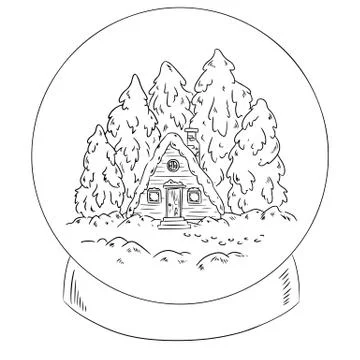 Winter cabin log in a snow globe scene for coloring Stock Illustration