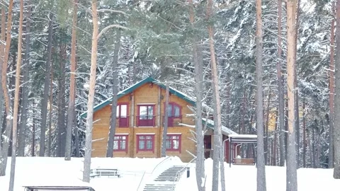 Winter cabin in snow-covered forest surrounded by tall trees near peaceful lake Stock Footage 328246037