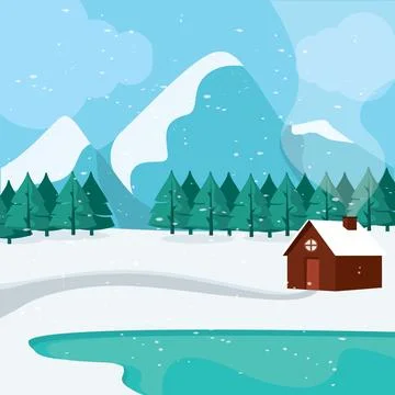 Winter cabin in snowy landscape with pine trees Vector 스톡 일러스트
