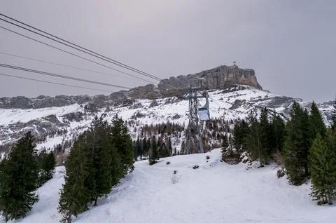 Winter Cable Car and Forest at Glacier 3000 and mountain in Switzerland. Stock Photos
