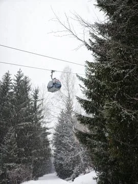 Winter Cable Car Moving In Mountain Forest 스톡 사진