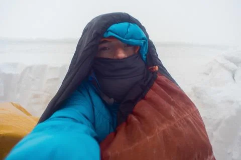 Winter camping selfie Stock Photos