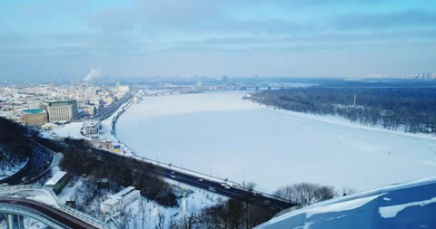 Winter Captivating View of the Arch of Freedom of the Ukrainian the Dnipro river Stock Footage 259644575