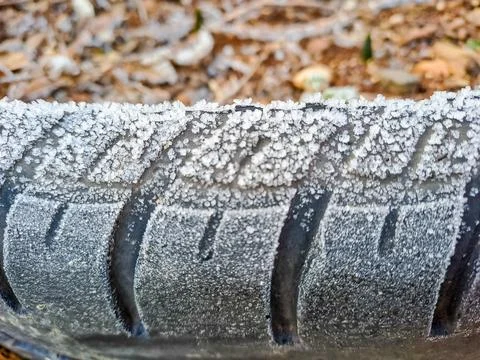 Winter car tires with snow wheel profile structure - Close up. Stock Photos