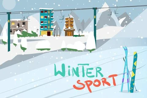 Winter card background. Mountains, snowboard and ski equipment in the snow a  Stock Illustration