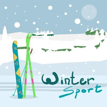Winter card background. Ski run track, snowboard and ski equipme Illustrazione stock