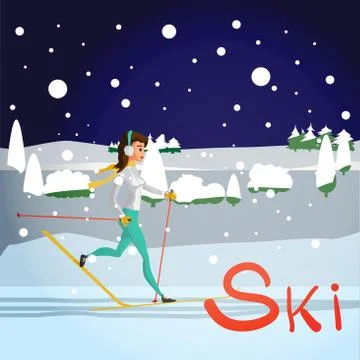 Winter card background. Ski run track, young woman running. Flat Stock Illustration