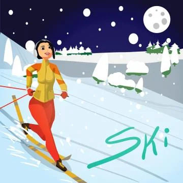 Winter card background. Ski run track, young woman running. Flat Stock Illustration