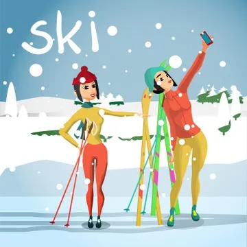 Winter card background. Ski run track, young woman photographed Illustrazione stock