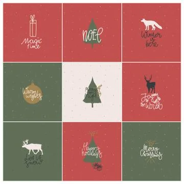 Winter cards set. Hand drawn quotes with objects silhouettes and drawing Stock Illustration