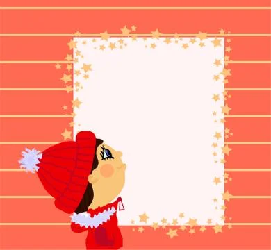 Winter cartoon card with guy in hat knitted, jacket with fur and frame for text Stock Illustration