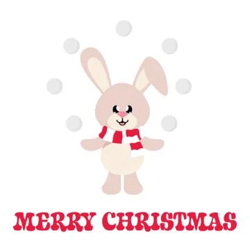 Winter cartoon cute bunny with snowball and christmas text Stockillustratie