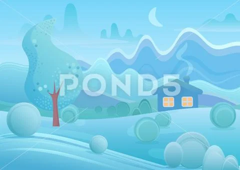 Winter cartoon house with smoke from chimney in fantasy mountains landscape Stock Illustration