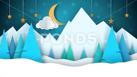 Winter cartoon paper landscape. Merry christmas, happy new year. Fir, moon Stock Illustration