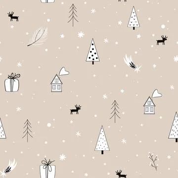 Winter cartoon seamless pattern with trees, houses, present gifts, and deer.. Stock Illustration