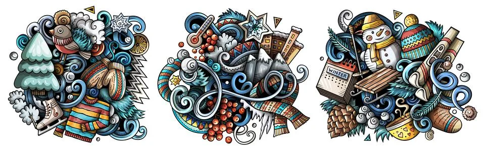 Winter cartoon vector doodle designs set. Stock Illustration