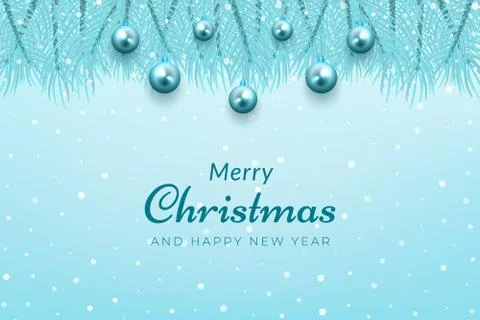 Winter celebration background with snow, tree branches, and glowing blue ball Stock Illustration