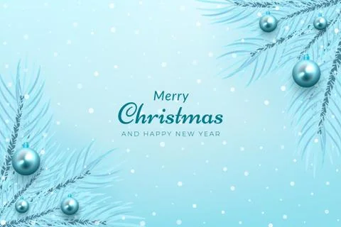 Winter celebration background with snow, tree branches, and glowing blue ball Stock Illustration