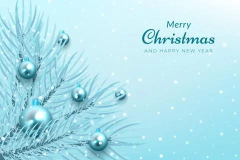 Winter celebration background with snow, tree branches, and glowing blue ball Stock Illustration