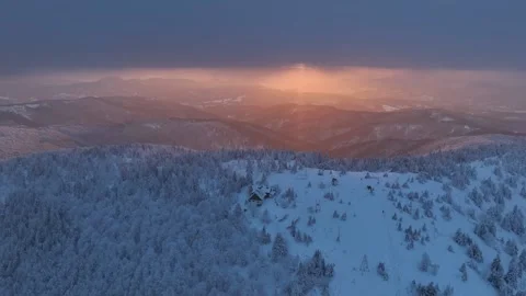 Winter Chalet Sunset Drone Orbit Flight Stock Footage 336278173