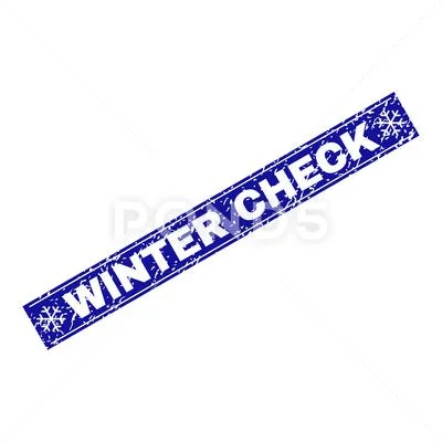 WINTER CHECK Grunge Rectangle Stamp Seal with Snowflakes Illustration  #99580696