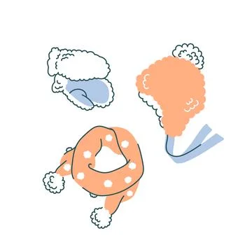 Winter children's hat vector illustration with scarf and mittens ponpon. Stock Illustration