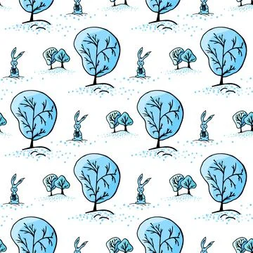 Winter Christmas background. Seamless Pattern with trees and pines with blue  Stock Illustration