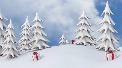 Winter Christmas background, snowy pine trees and Christmas gift boxes Video stock 119165002
