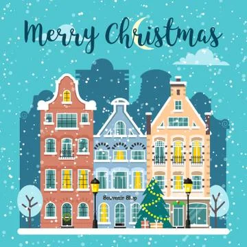 Winter Christmas city street vector landscape Stock Illustration