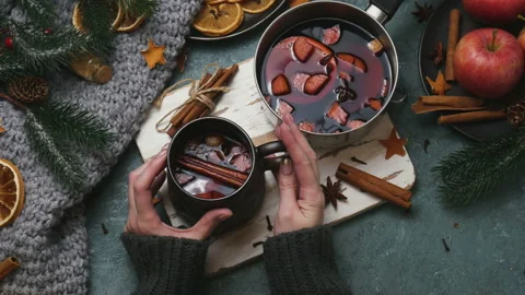 Winter Christmas composition with a mulled wine Stock Footage 146568892