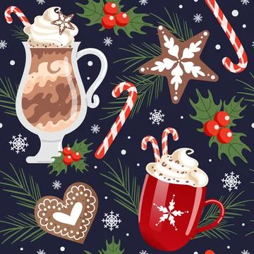 Winter Christmas drinks, seamless pattern. Hot chocolate and whipped cream. c Stock Illustration