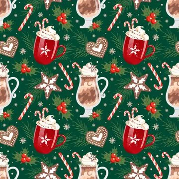 Winter Christmas drinks, seamless pattern. Hot chocolate and whipped cream. c Illustrazione stock