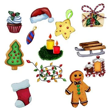 Winter Christmas elements ,candle, Gingerbread man,cake . Illustration. per.. Illustrazione stock