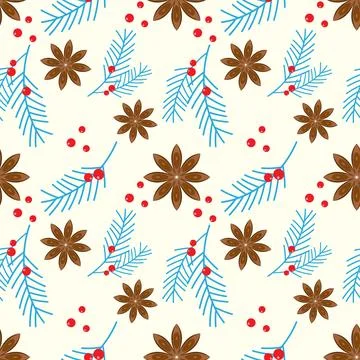 Winter Christmas New Year pattern star anise blue fir coniferous branch juniper Stock Illustration
