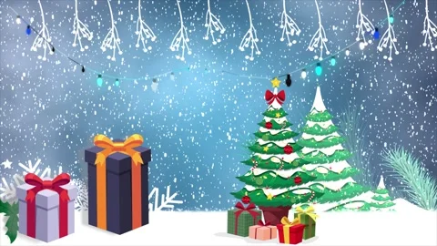 Winter Christmas Scene with Decorated Tree, Snowfall, Gift Boxes Stock Footage 321800813