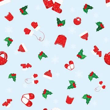 Winter christmas seamless pattern with red elements clothing. Stock Illustration