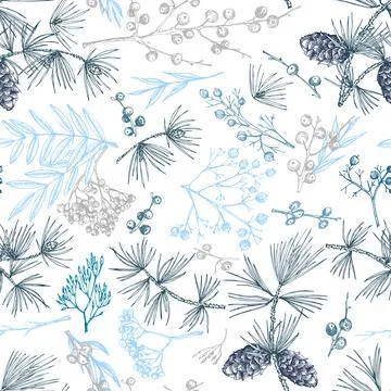 Winter christmas seamless pattern with twigs, berries, and leaves of plant is Stock Illustration