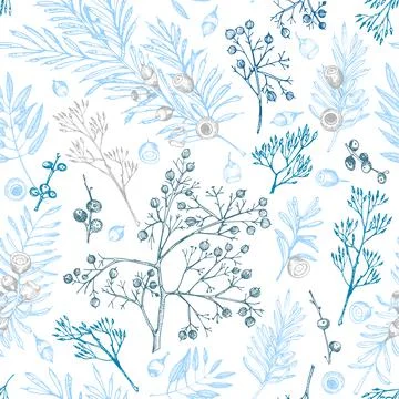 Winter christmas seamless pattern with twigs, berries, and leaves of plant is Stock Illustration