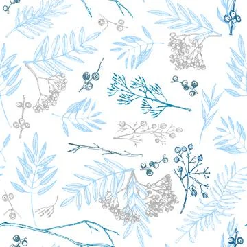Winter christmas seamless pattern with twigs, berries, and leaves of plant is Stock Illustration