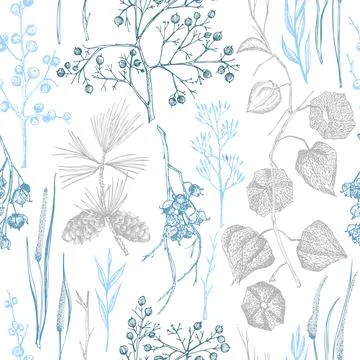 Winter christmas seamless pattern with twigs, berries, and leaves of plant is Stock Illustration