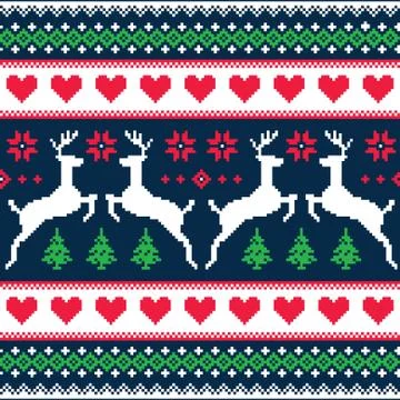 Winter, Christmas seamless pixelated pattern with deer and hearts Stock Illustration