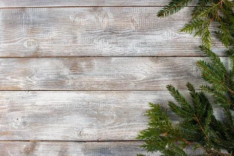 Winter Christmas Tree Branches on Light Wooden Background Stockfoto's