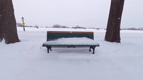 Winter city bench surrounded by fresh snow Stock Footage 323972691