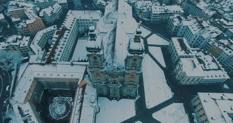 Winter City Cathedral With Snowfall - Switzerland Stock Footage