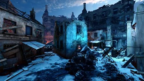 Winter city destroyed by war. Stock Illustration