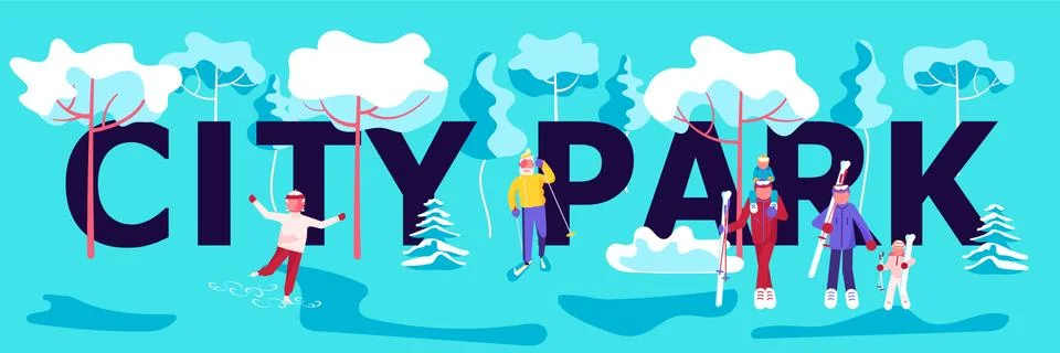 Winter City park horizontal banner Stock Illustration