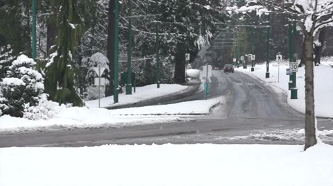 Winter City - Park In Snow - 02 - Trees, Crossroad, Cars Stock Footage