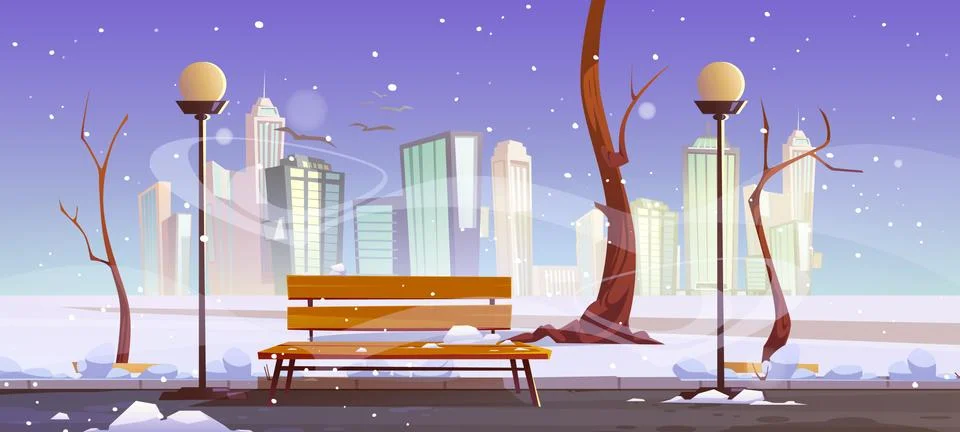 Winter city park with wooden bench, urban garden Stock Illustration