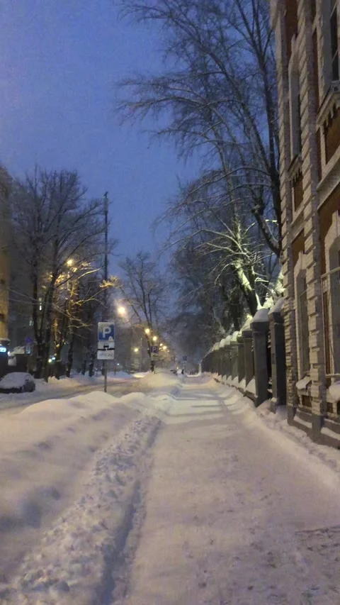 Winter city road outdoor magic walking away of old building in Sokolniki, Moscow Stock Footage 169945930